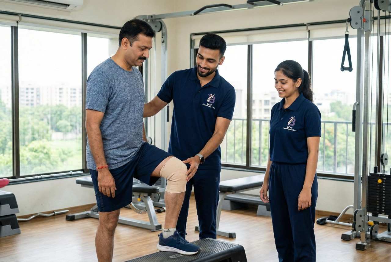 Patient doing step-up exercises with a knee bandage supervised by physiotherapists Dr. Sagar in Best Physiotherapy clinic Bopal