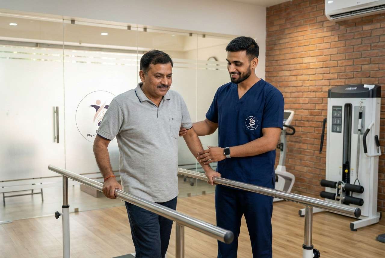 Patient practising walking on parallel bars with a physiotherapist's help in a Best Physiotherapy clinic Bopal for Post-Surgery Physiotherapy.