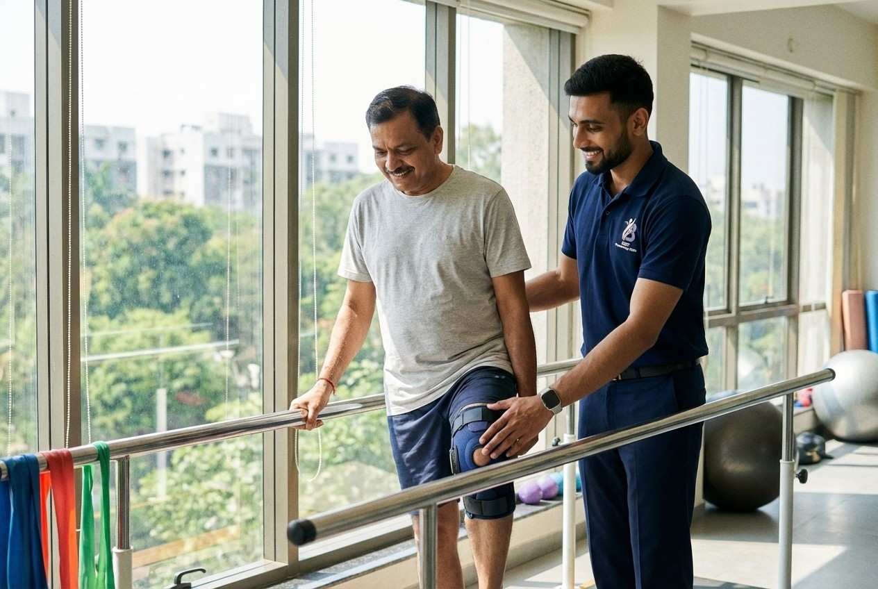 Physiotherapist Dr. Sagar helping a patient with a knee brace walk on parallel bars in Best Physiotherapy clinic Bopal fpr regain strength.
