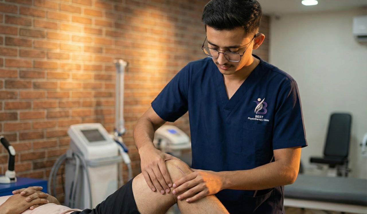 Physiotherapist examining a patient's post-surgery knee scar in a clinic setting.