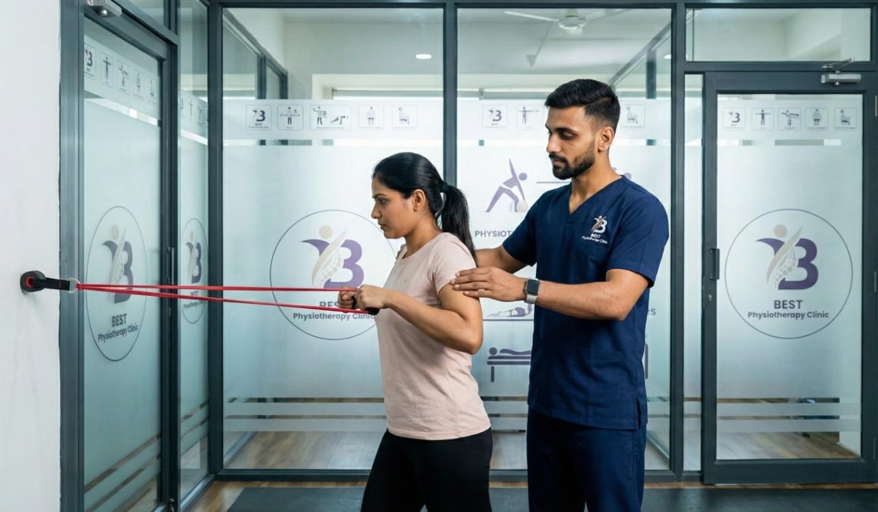 Woman performing resistance band rows with therapist supervision.