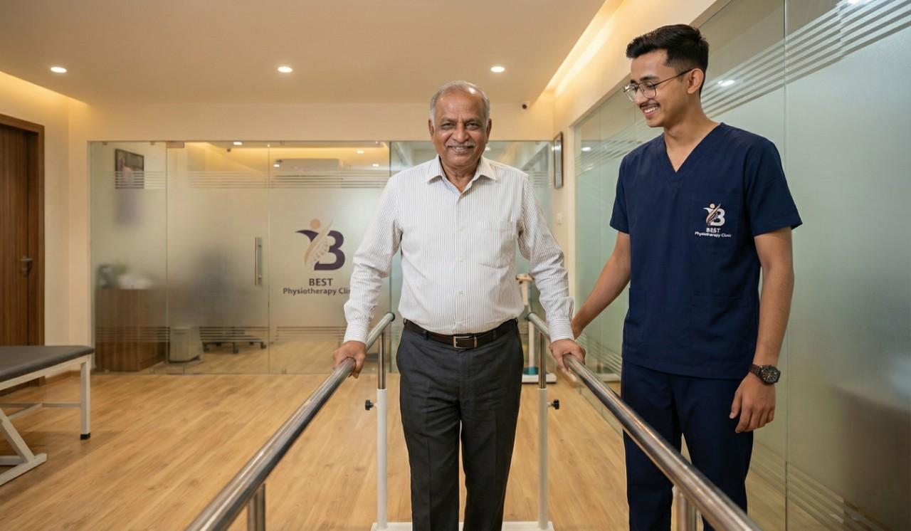 Senior man practicing walking on parallel bars with a therapist.