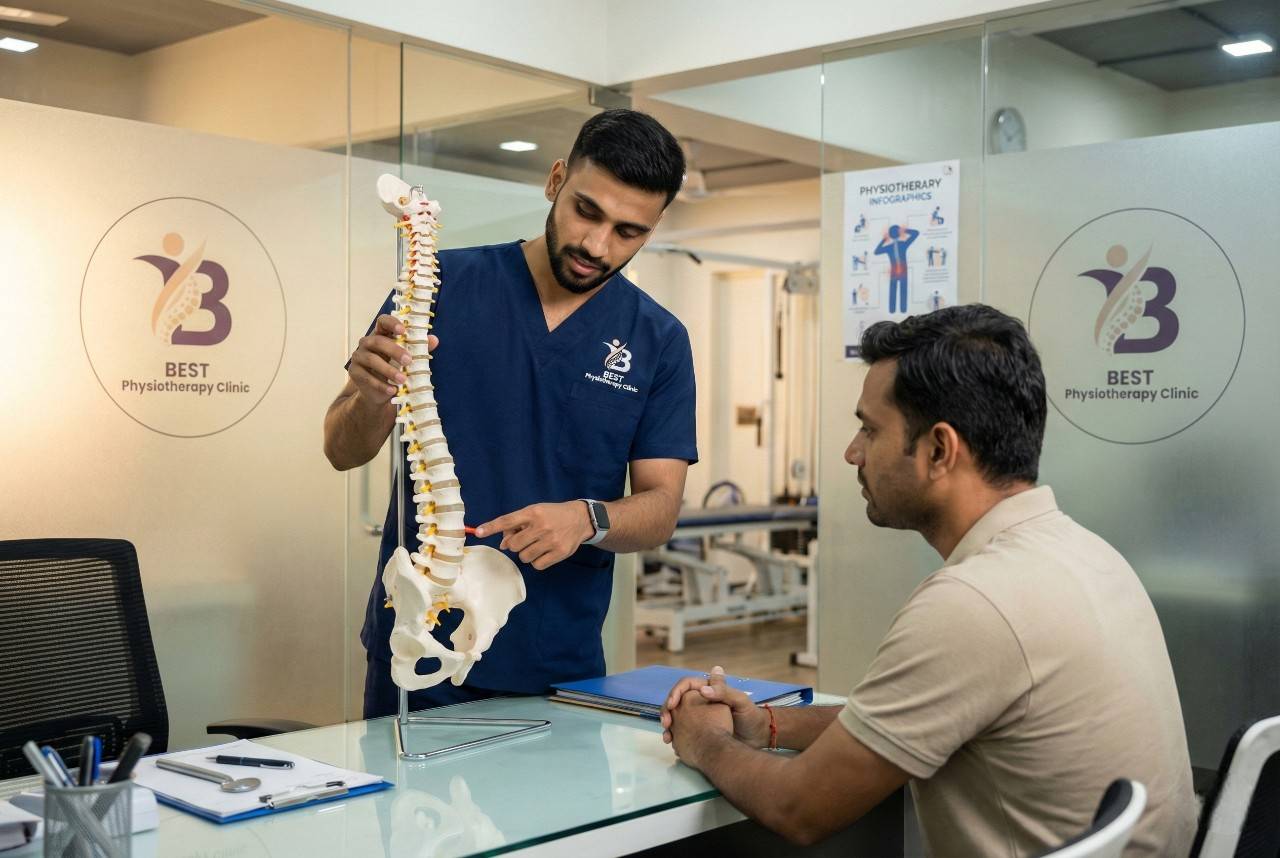Physiotherapist explaining spinal anatomy to a patient using a medical spine model.