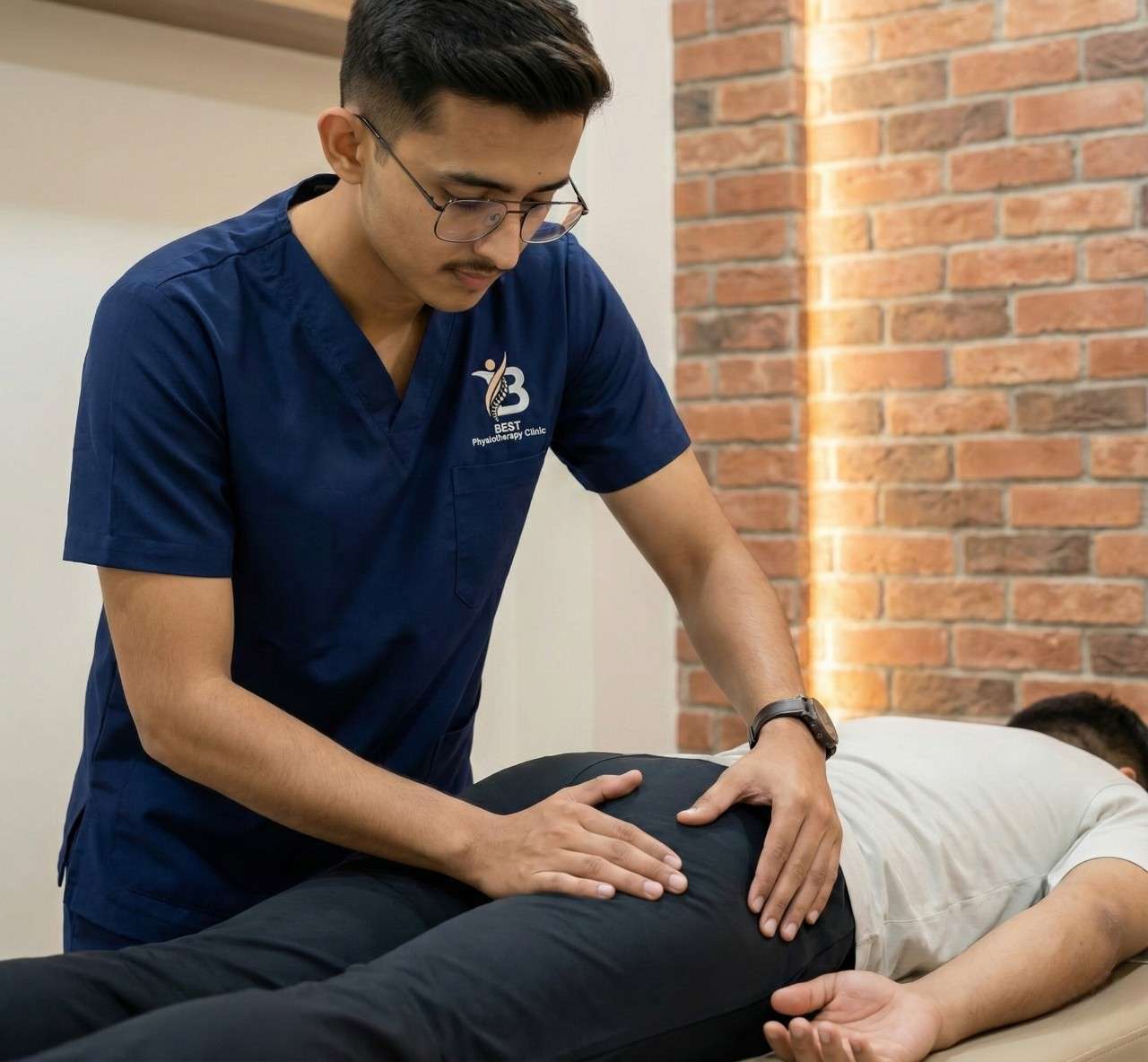 A physiotherapist is performing manual therapy on a patient's lower back and hip for pain relief.