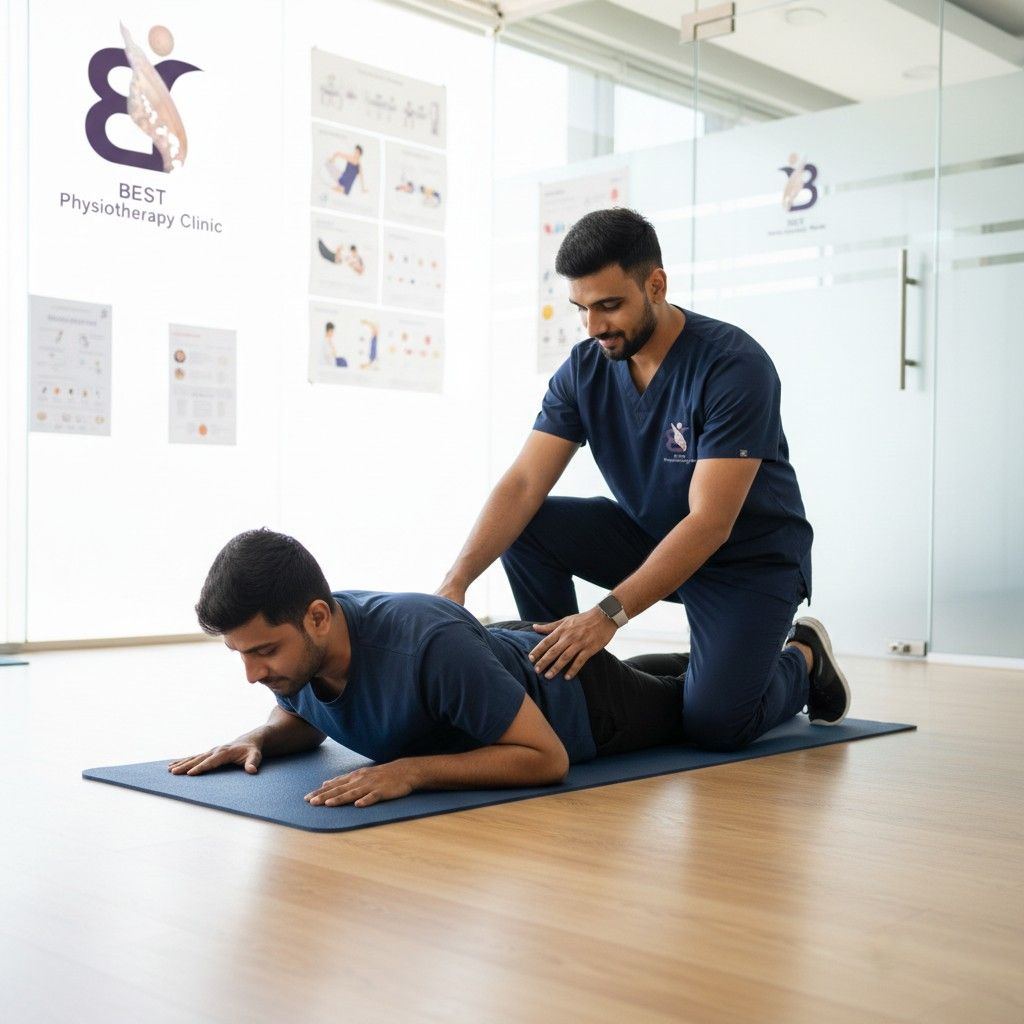 A physiotherapist is guiding a patient through prone back extension exercises on a mat.