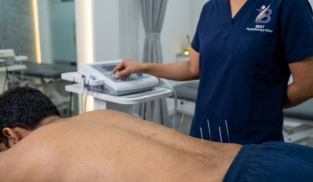 Patient receiving dry needling therapy on their back with professional clinical equipment.