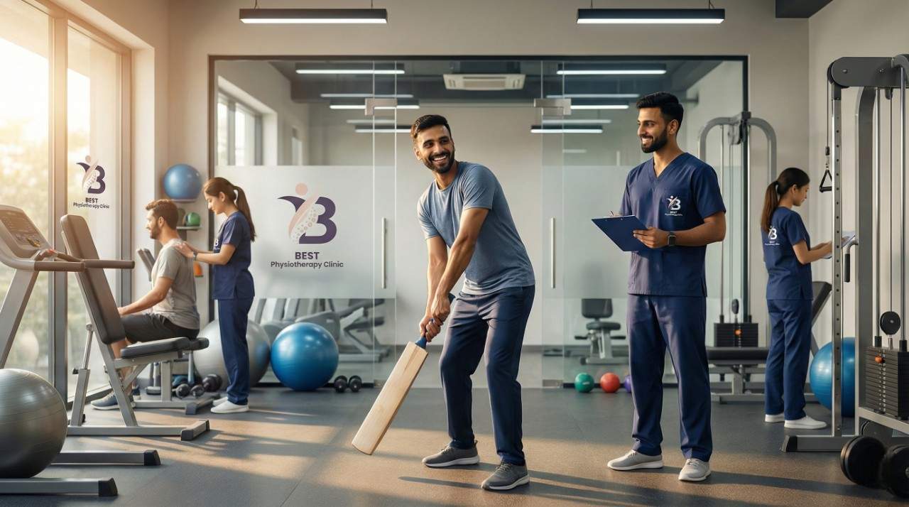 Sports rehabilitation session with a patient practising cricket movements in a clinic gym for Sciatica Relief.