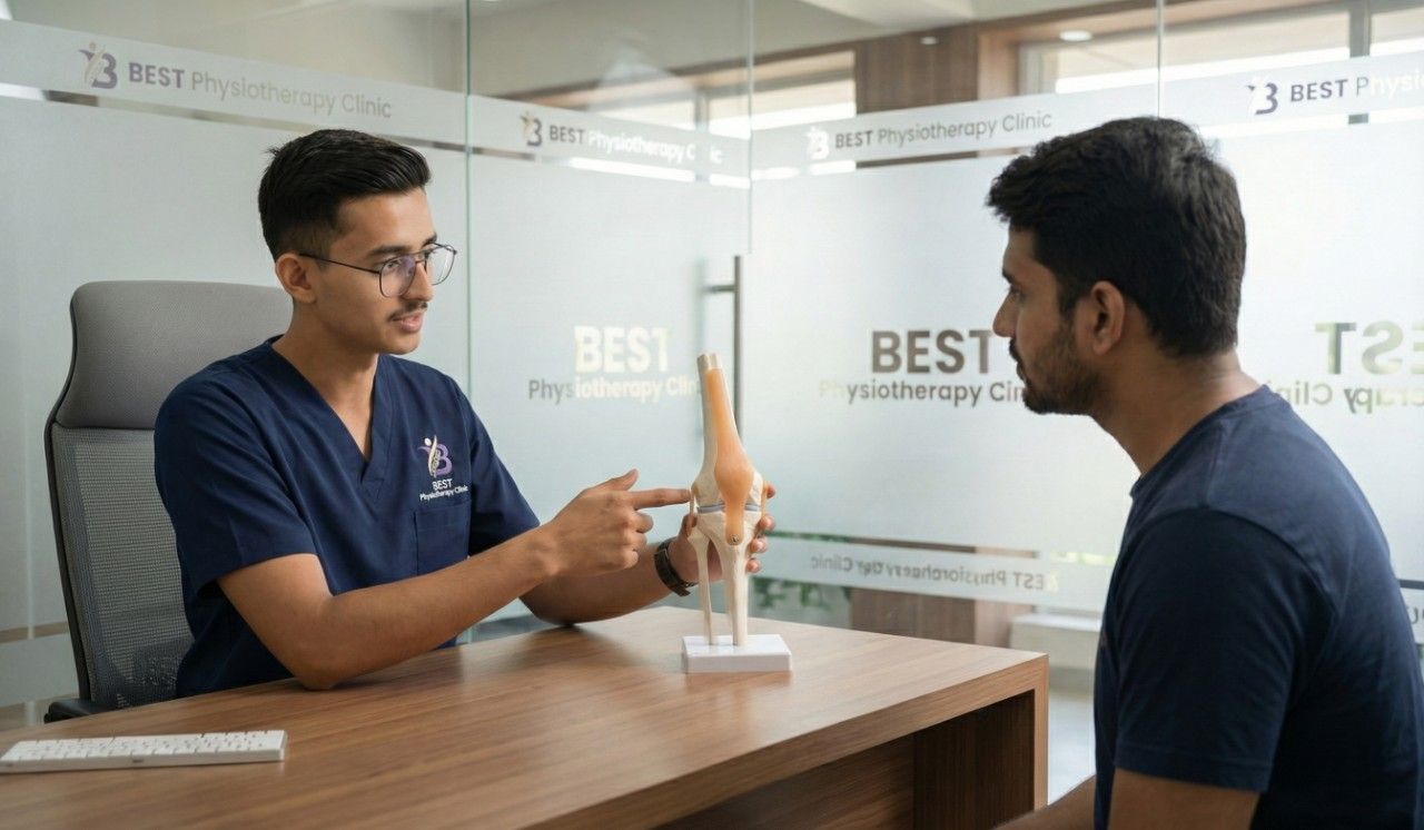 Physiotherapist Dr. Kanaiya using a knee model to explain a condition to a patient at a clinic desk in Bopal.