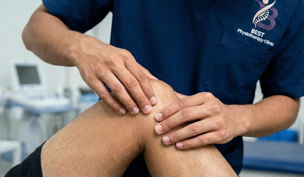 Close-up of a physiotherapist examining a patient's knee at BEST Physiotherapy Clinic Bopal.