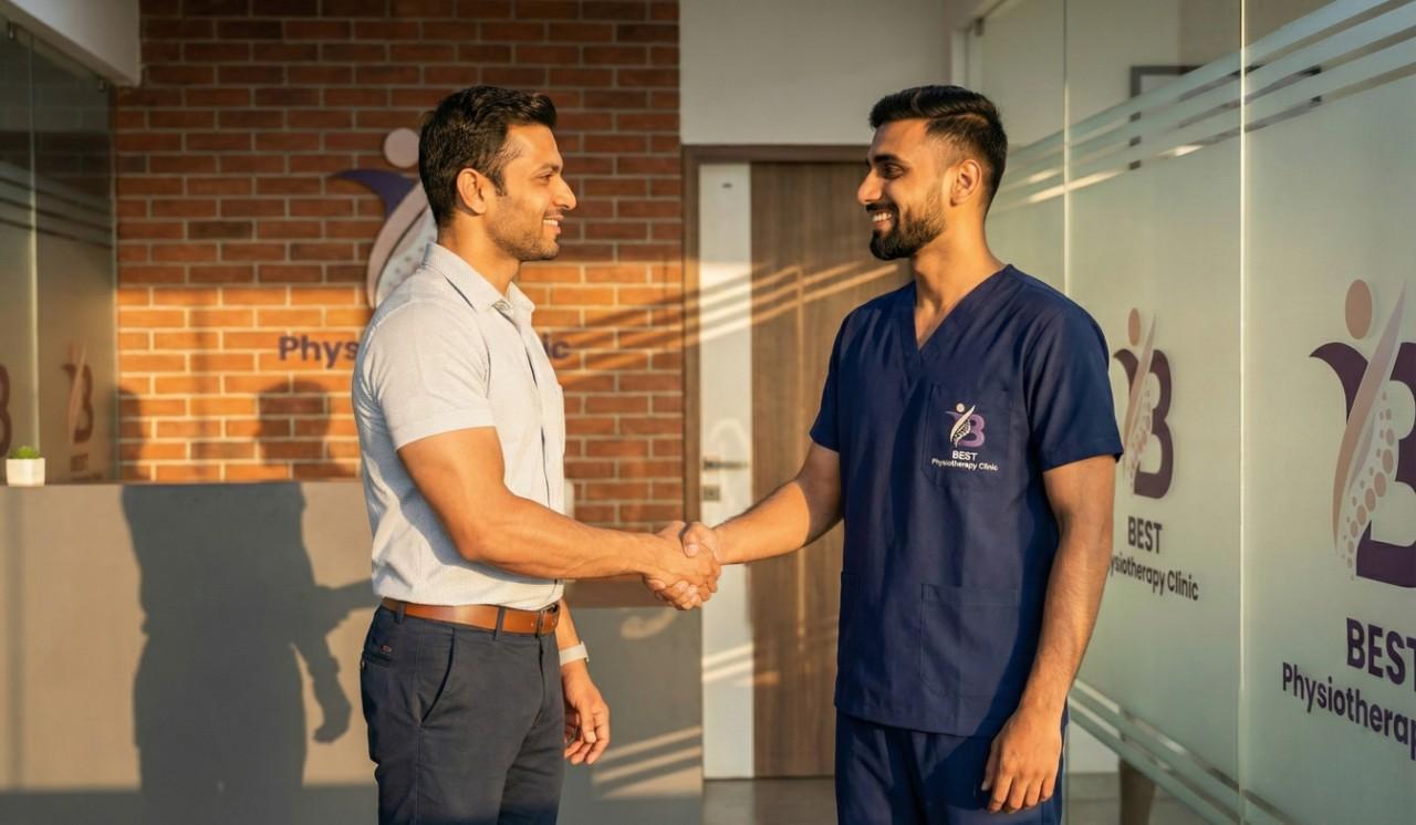 Physiotherapist and patient shaking hands at the entrance of BEST Physiotherapy Clinic Bopal.