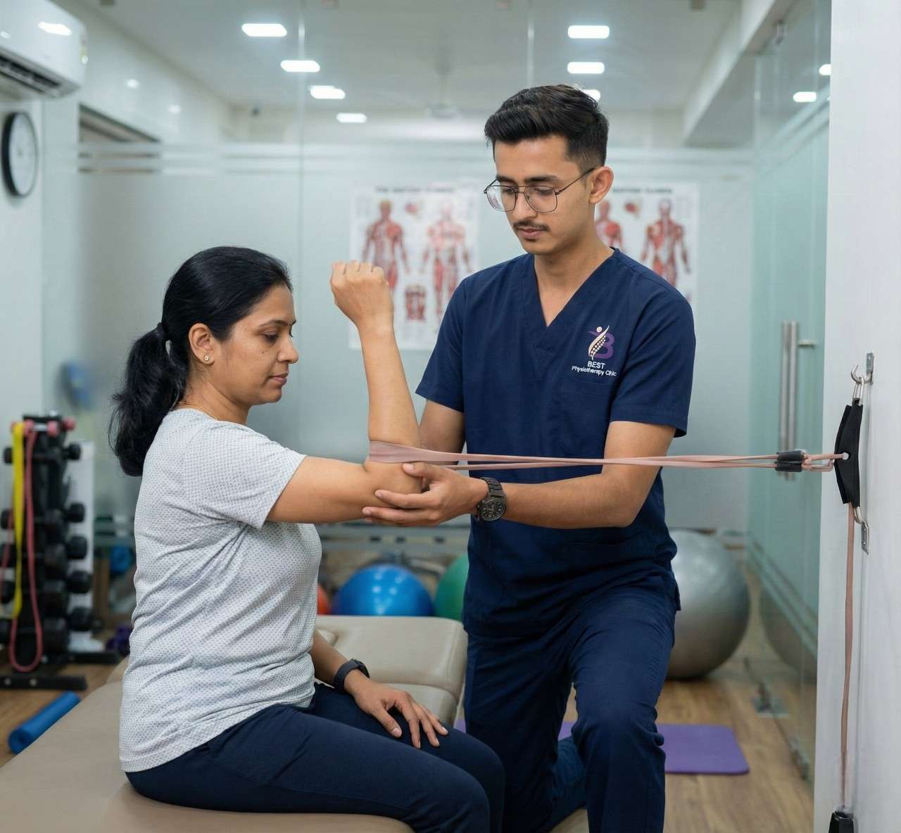 Physiotherapist Dr. Kanaiya assisting a patient with resistance band elbow exercises in a clinic gym.