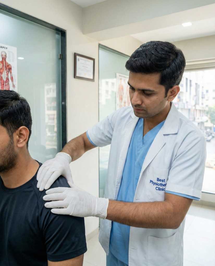 Doctor giving shoulder treatment at best physiotherapy clinic