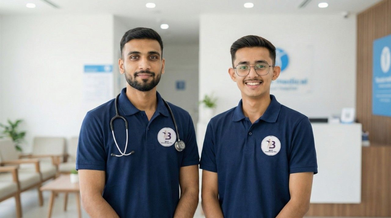 Dr. Sagar and Dr. Kanaiya lead physiotherapists at Best Physiotherapy Clinic Bopal reception`