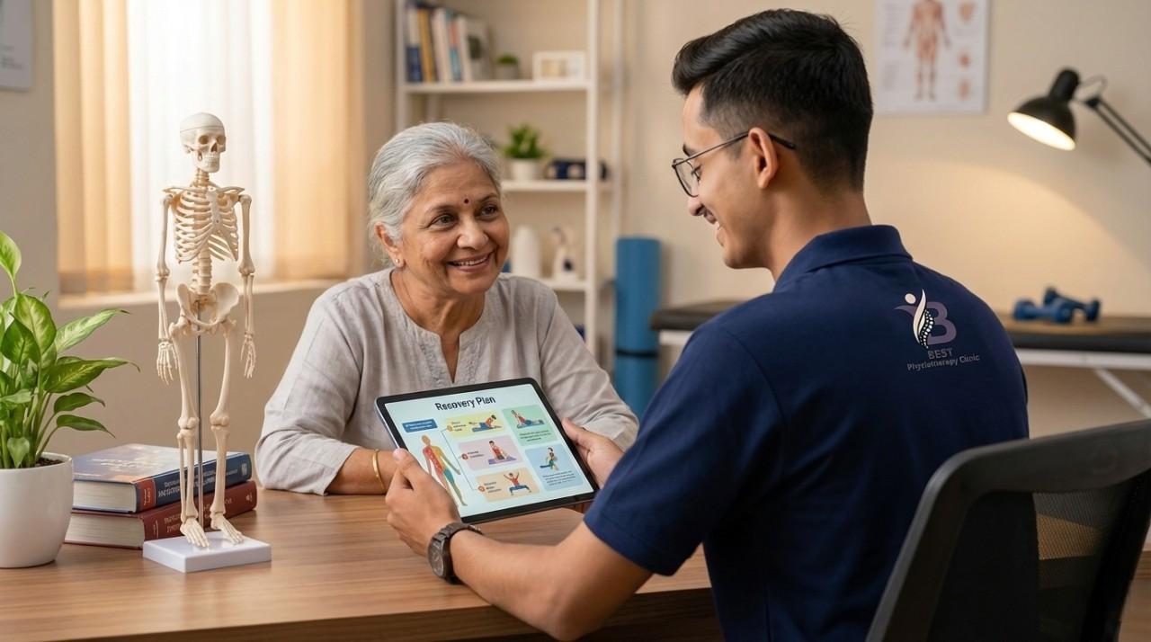 Compassionate physiotherapy consultation with elderly patient in best physiotherapy clinic in Bopal Ahmedabad