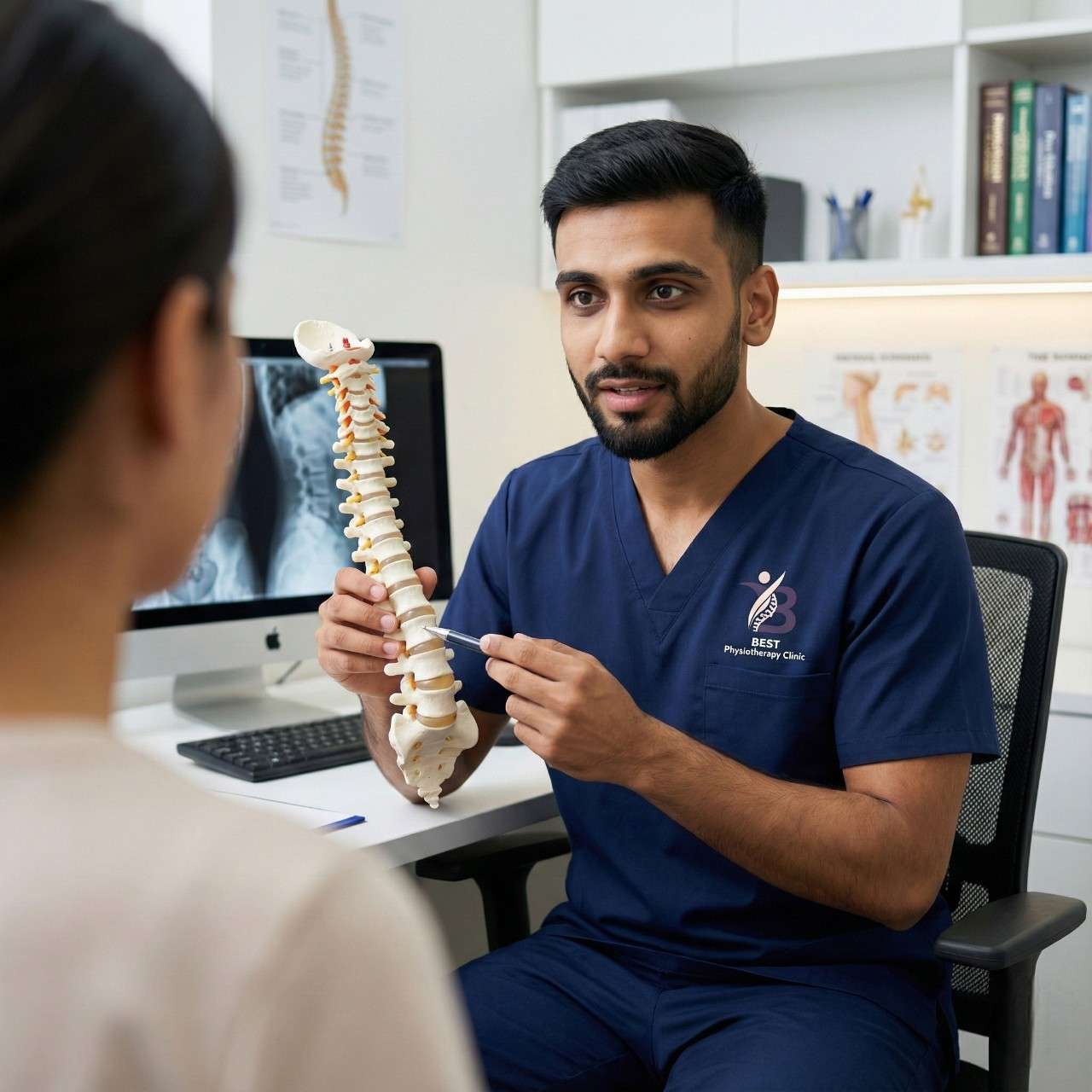 Physiotherapist Dr. Sagar explaining root cause diagnosis using spine model during consultation