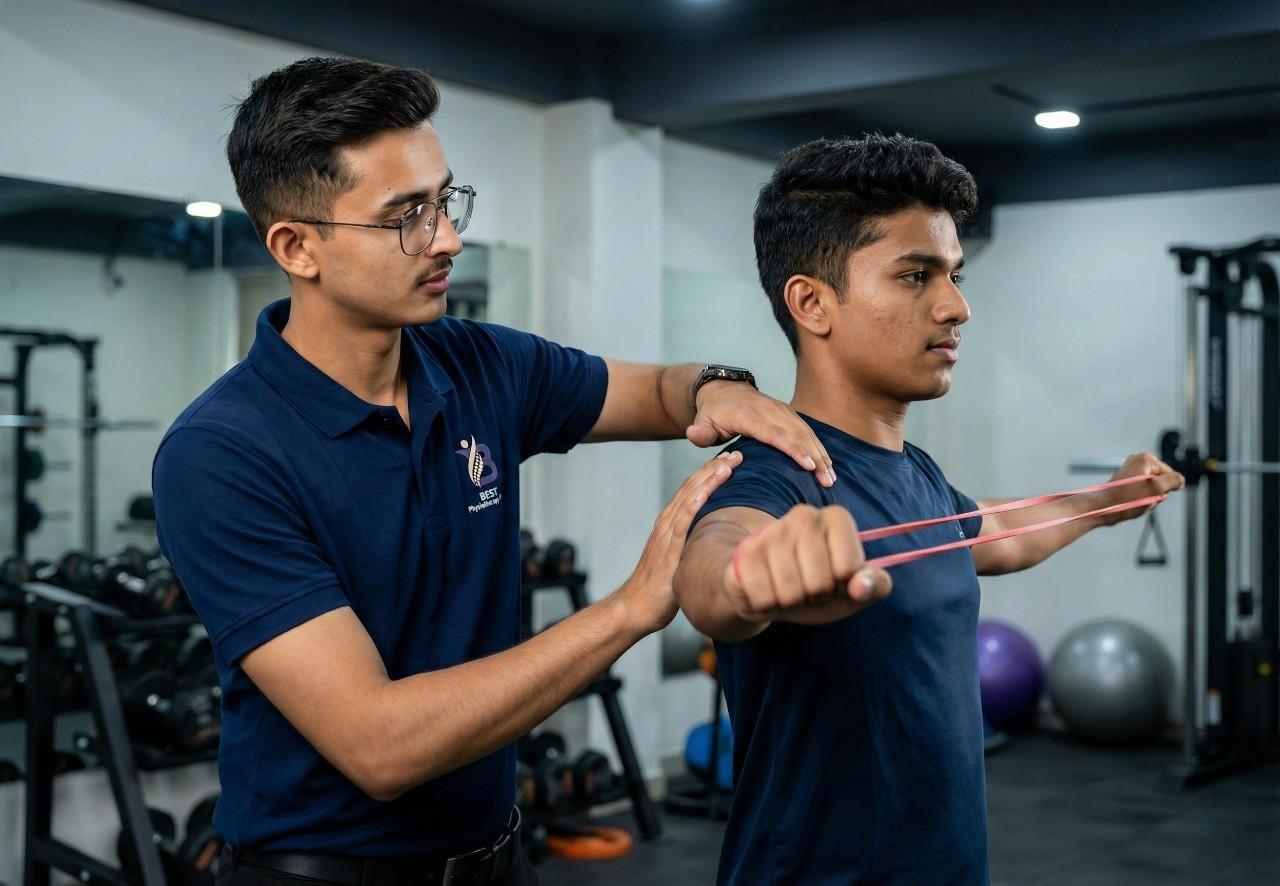 Physiotherapist guiding patient through personalized rehabilitation exercise