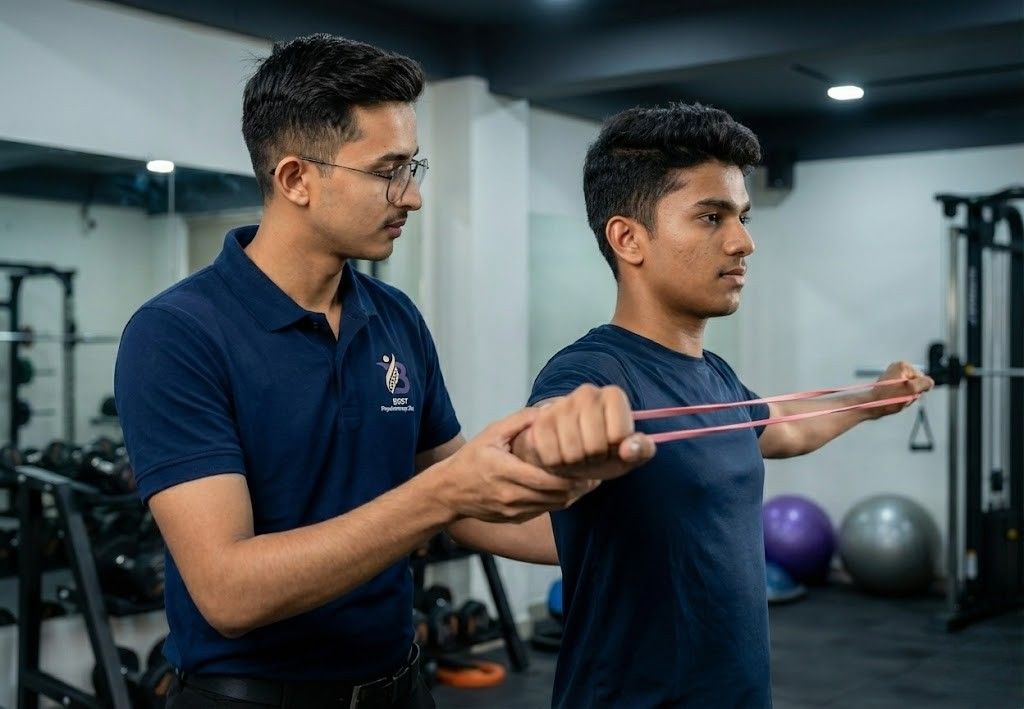 Physiotherapist guiding patient through personalized rehabilitation exercises for strength
