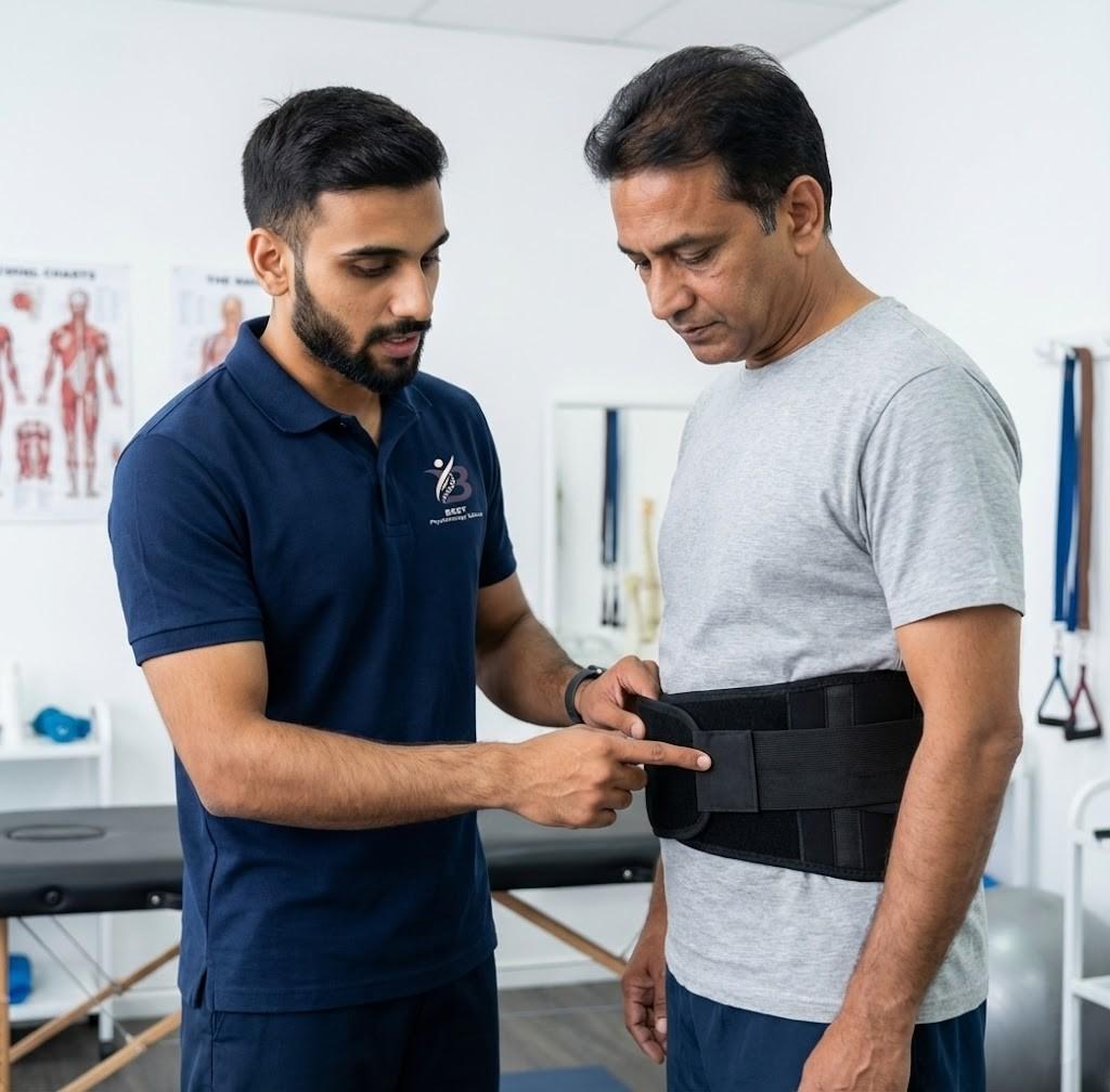 Physiotherapist fitting back support brace for pain management