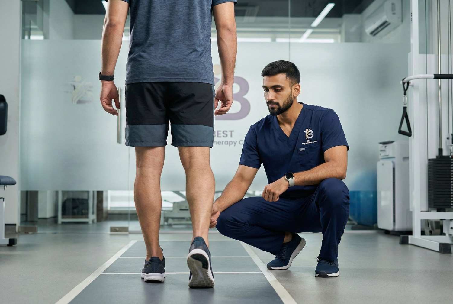 Physiotherapist assessing patient's gait and walking pattern for achilles tendinitis treatment diagnosis.