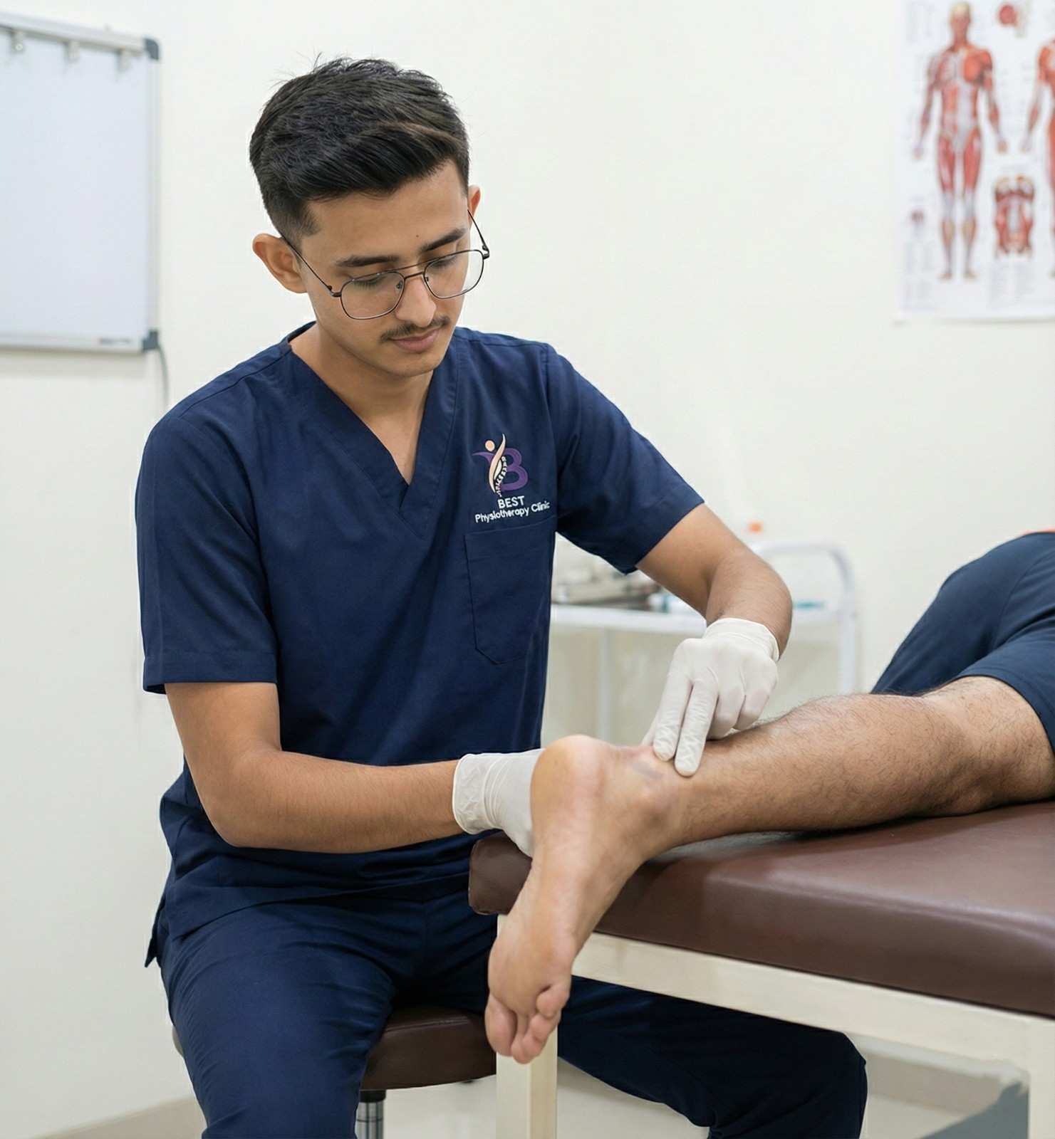 Physiotherapist performing hands-on manual assessment of a patient's Achilles tendon and calf.