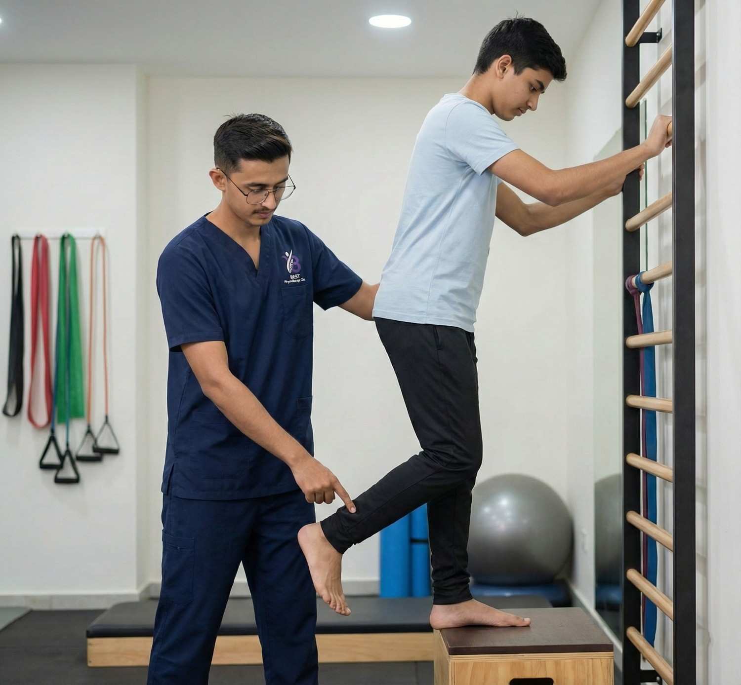 Patient performing Achilles strengthening exercises under supervision from the physiotherapist.