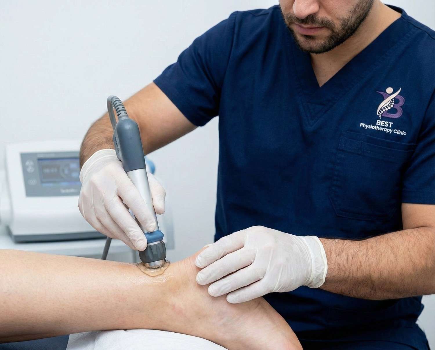 Physiotherapist administering shockwave therapy treatment to patient's Achilles tendon injury.