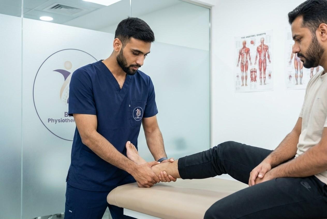 Ankle patient performing balance and proprioception training on a wobble board to improve stability after an ankle pain treatment in bopal