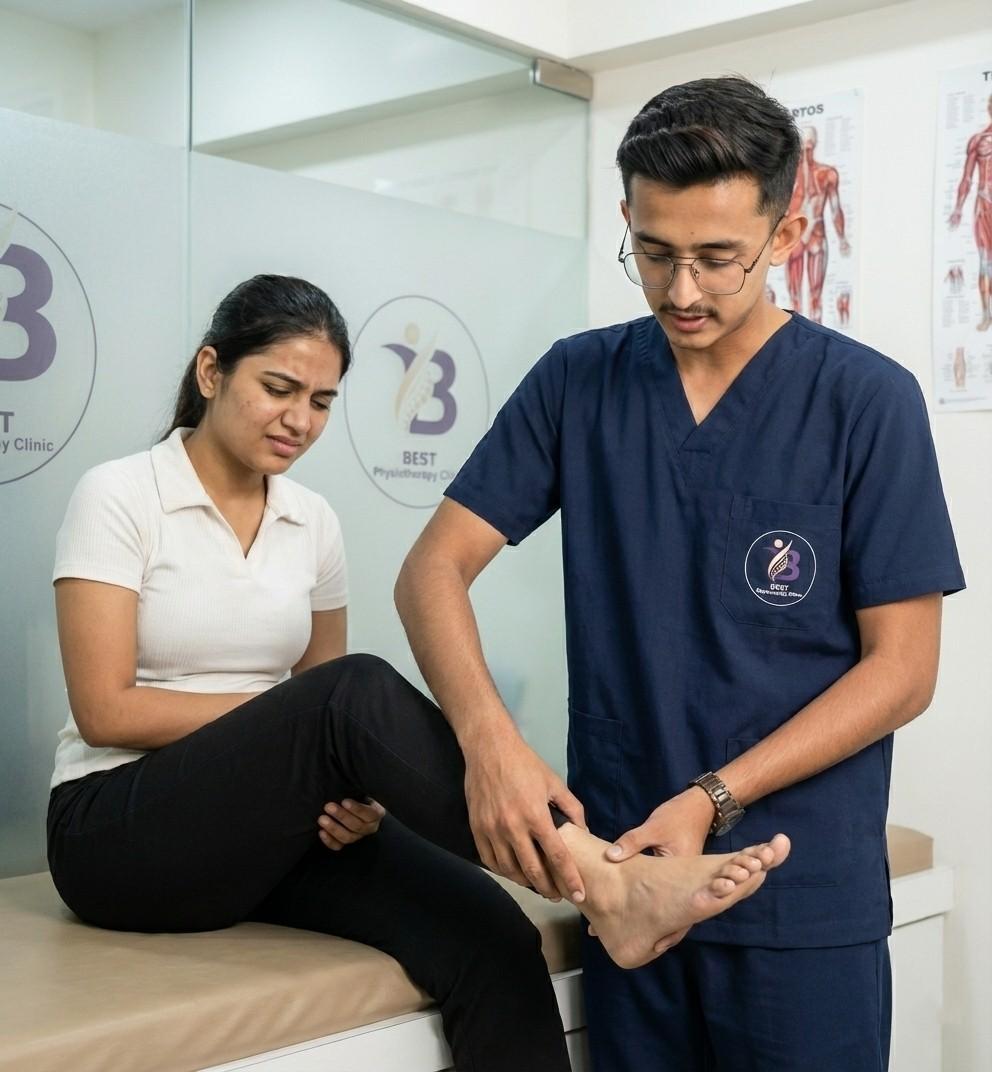 Physiotherapist performing gentle joint mobilisation techniques to increase ankle range of motion and reduce stiffness