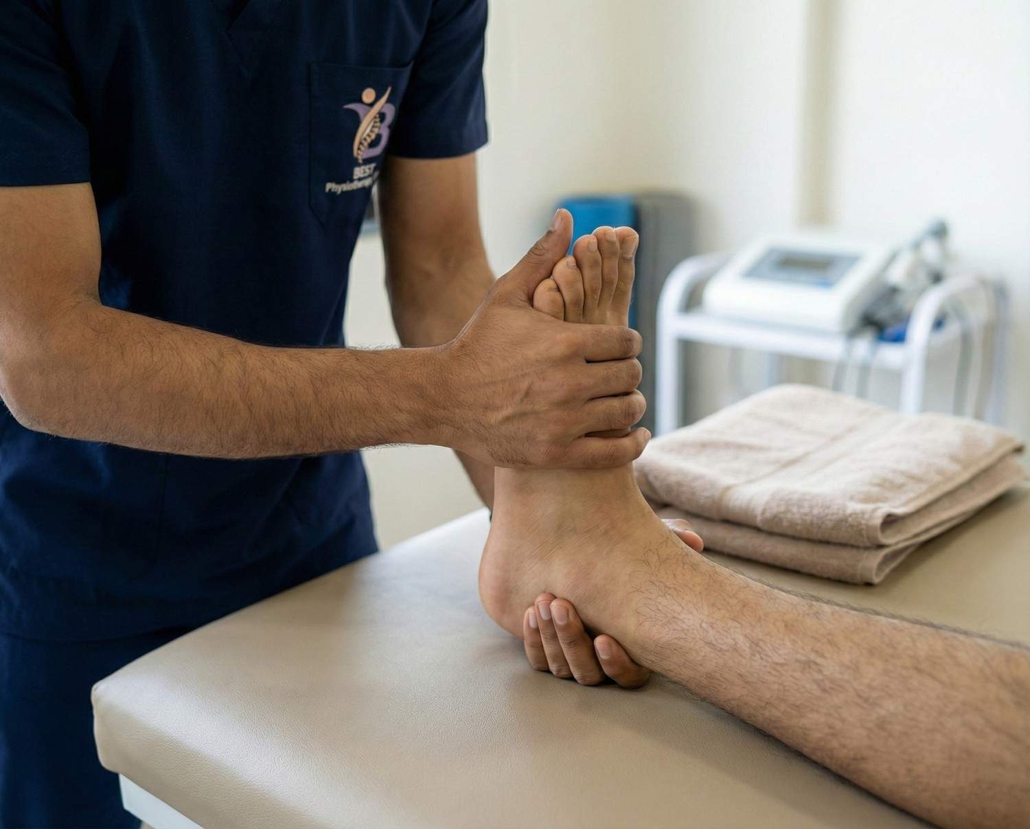 Physiotherapist assessing the patient's gait mechanics and weight-bearing capability during ankle rehabilitation