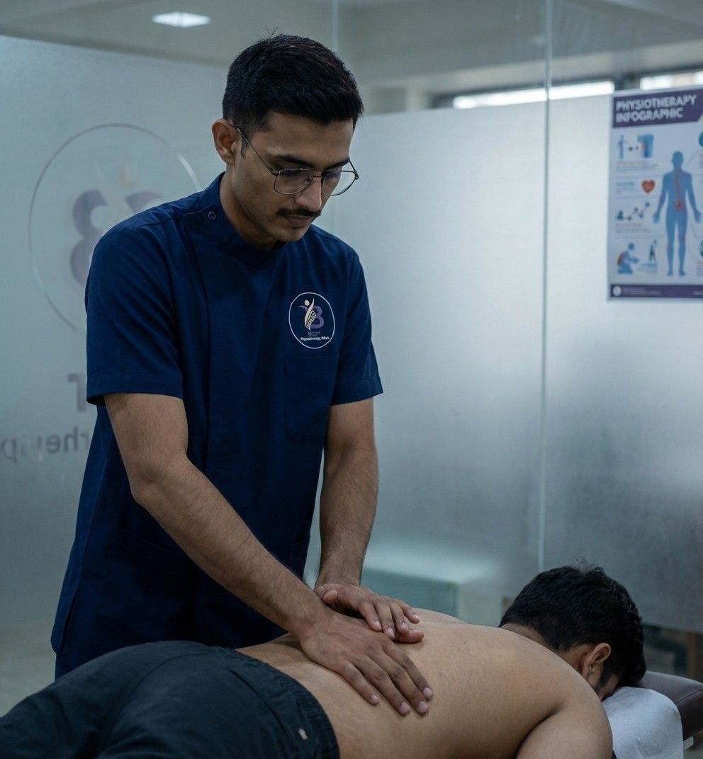 Physiotherapist performing manual therapy and soft tissue mobilization for chronic back pain relief