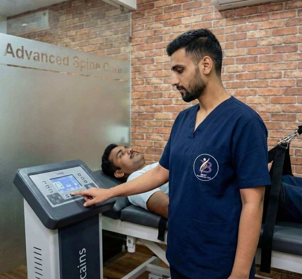 Physiotherapist administering advanced spinal decompression or mechanical traction therapy for lower back pain