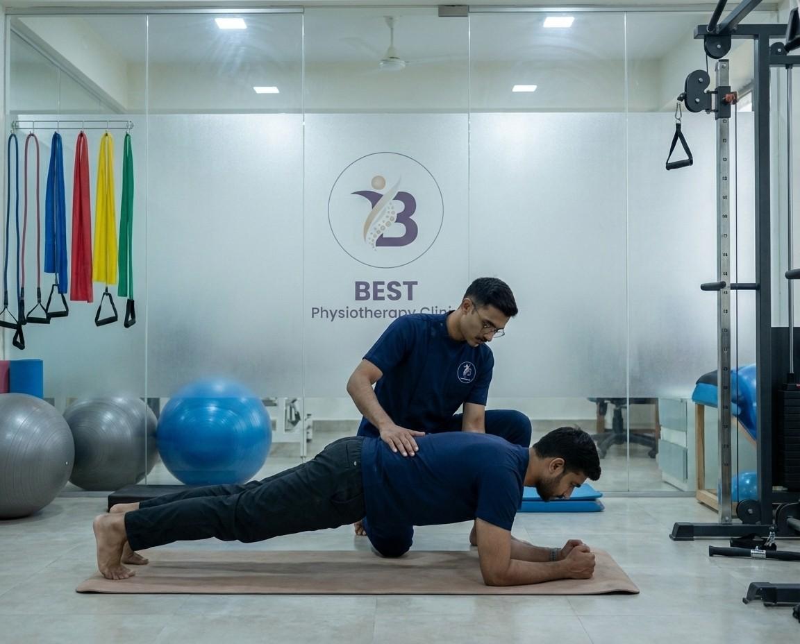 Back pain patient performing plank exercise for core strengthening and stability under physiotherapy guidance