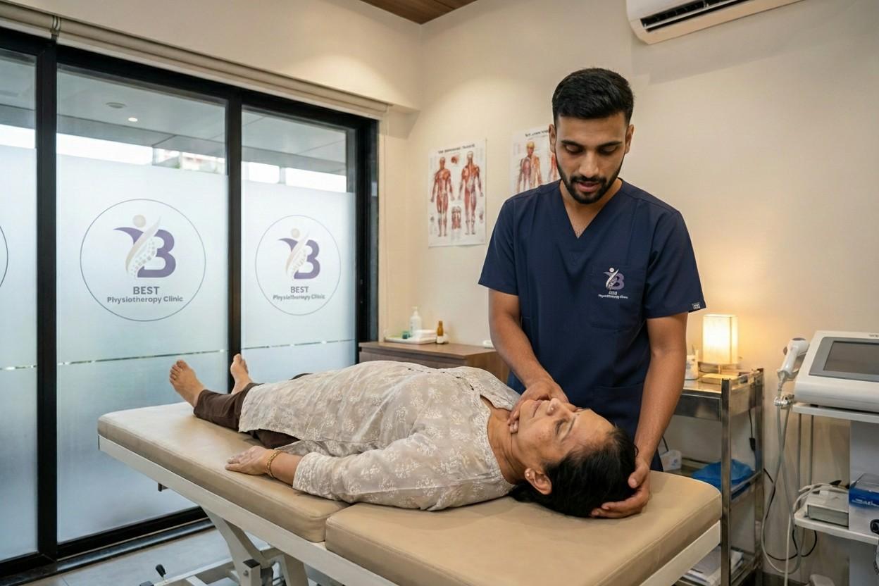 Older patient receiving vestibular rehabilitation treatment for BPPV/vertigo from a physiotherapist Dr. Sagar balance disorder treatment in Bopal.