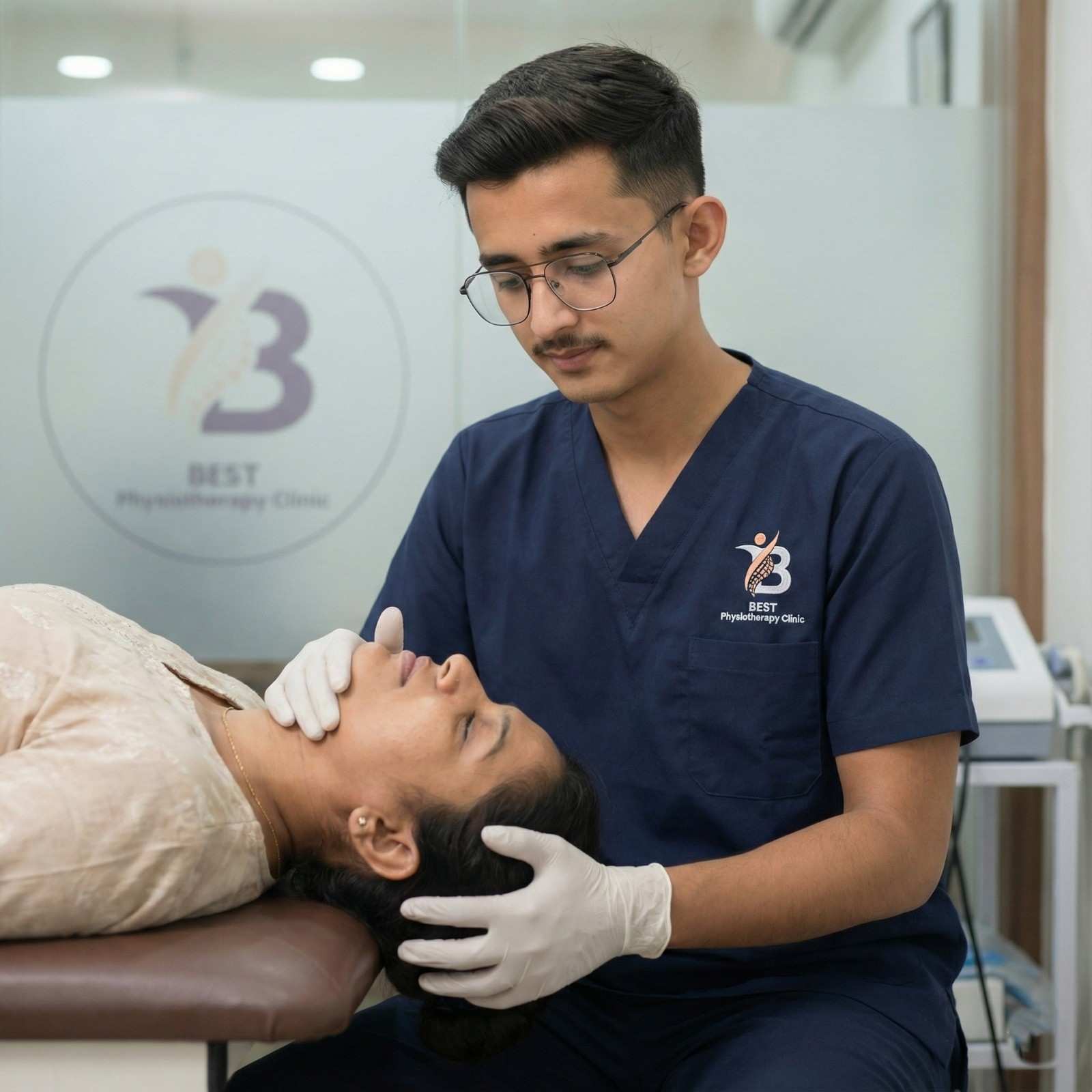 Physiotherapist Dr. Kanaiya performing vestibular assessment or Epley maneuver on a female patient's head and neck.