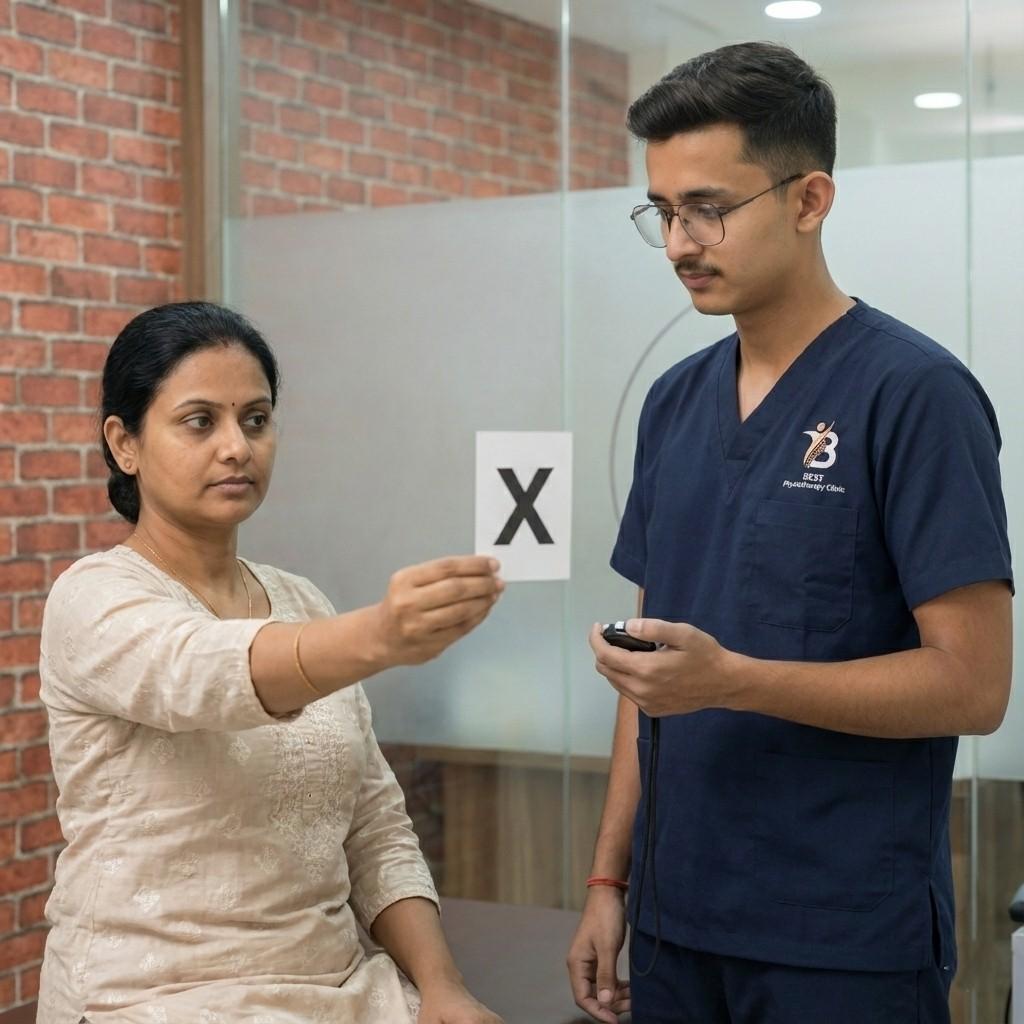 Physiotherapist guiding a patient through gaze stabilization exercises for vestibular and balance disorders.