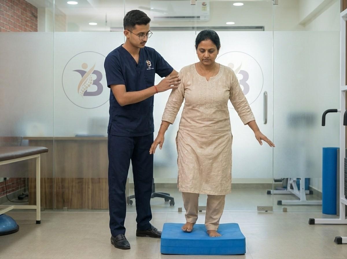 Female patient performing standing balance training on a foam mat with a physiotherapist's assistance.