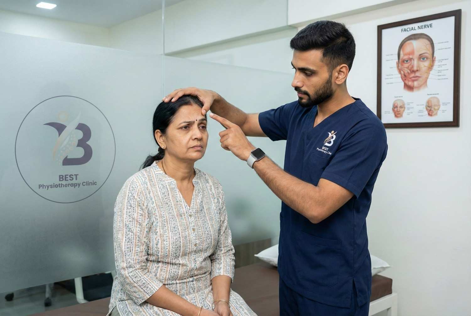Physiotherapist Dr. Sagar performing facial muscle assessment on a female patient for Bell's Palsy treatment in Bopal Clinic.