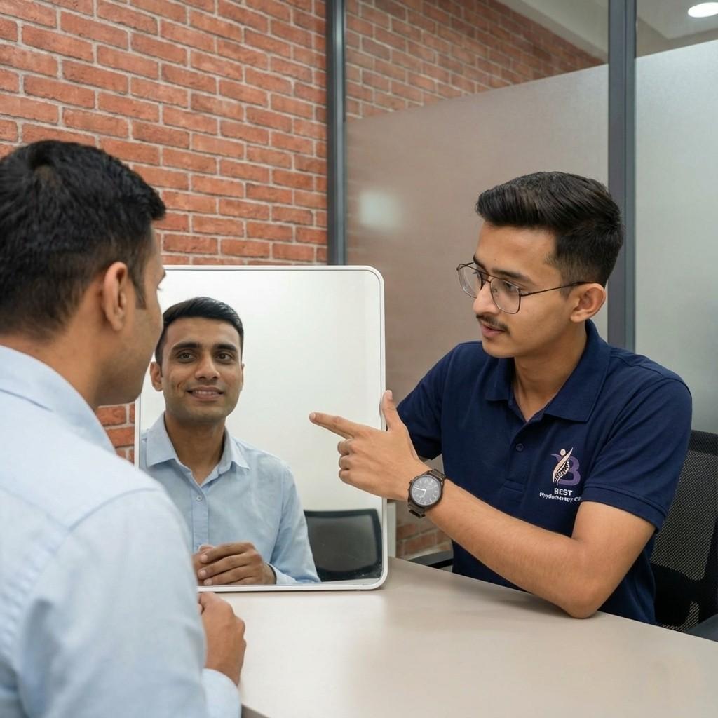 Facial retraining therapy using a mirror and physiotherapist guidance for Bell's Palsy recovery.