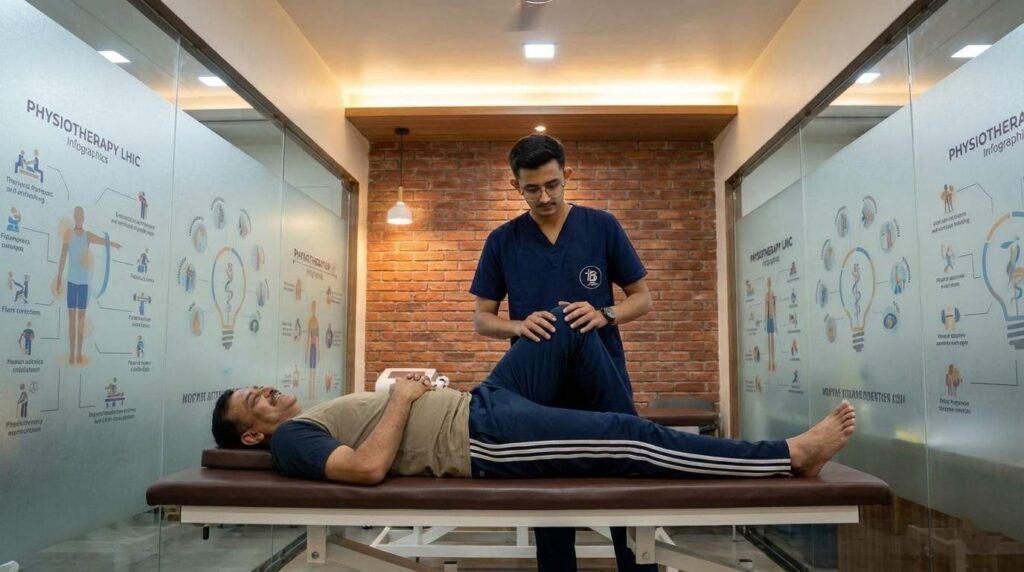 Dr. Kanaiya Gadhavi performing assisted hamstring stretching techniques for flexibility at Best Physiotherapy Clinic Bopal