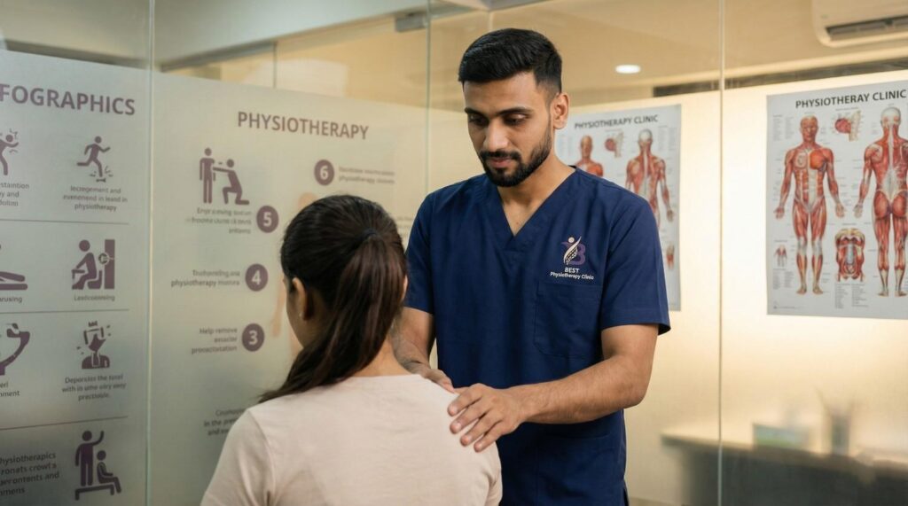 Dr. Sagar Vyas providing manual Physiotherapy for pain relief at Best Physiotherapy Clinic Bopal