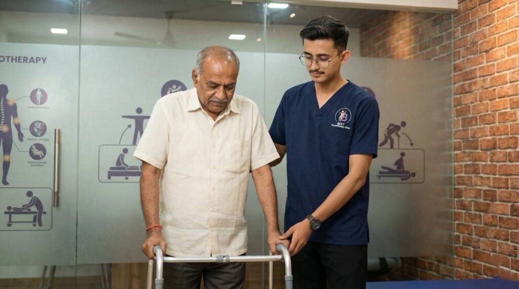 Dr. Kanaiya Gadhavi performing post-surgical Rehabilitation of knee Rehabilitation therapy at Best Physiotherapy Clinic Bopal