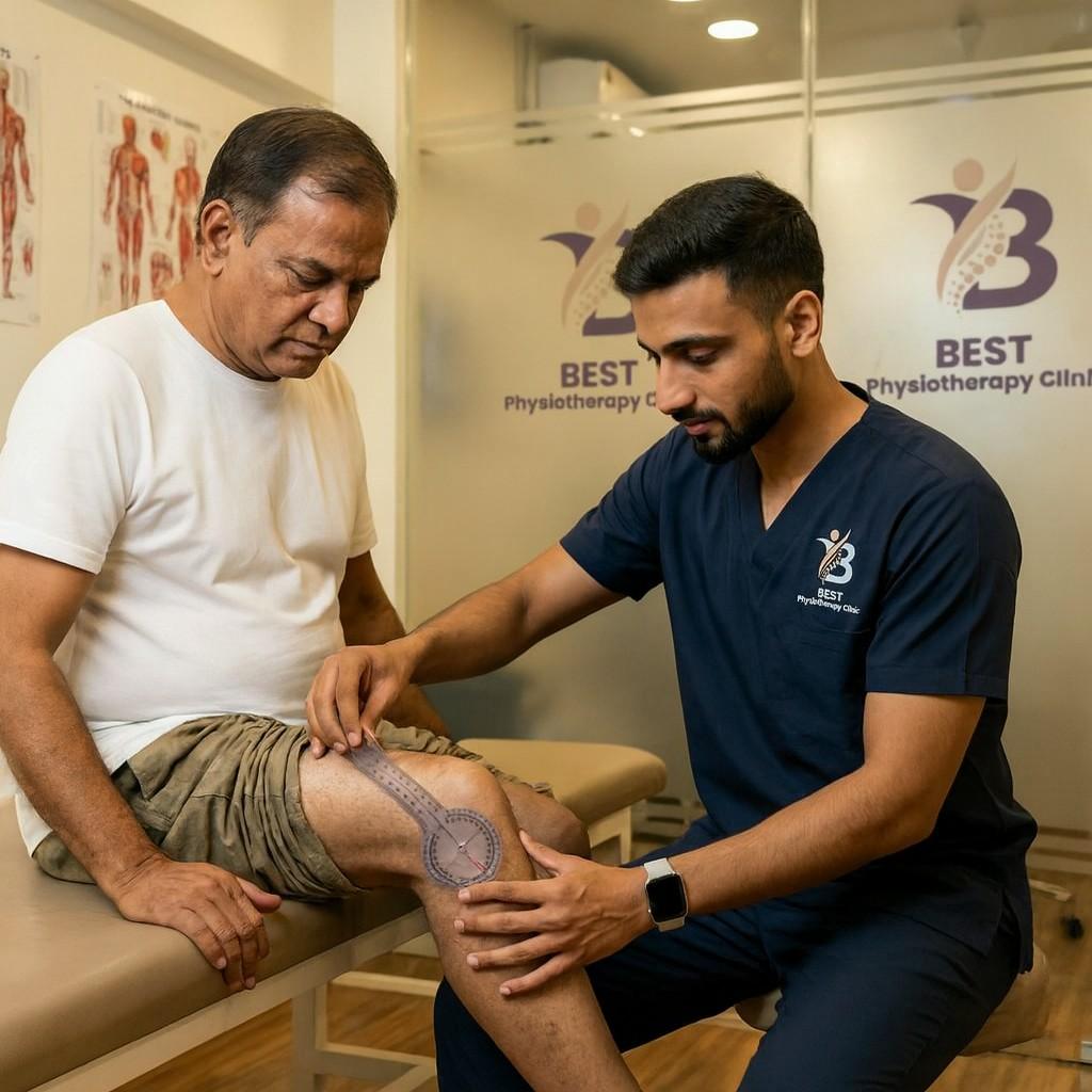 Knee replacement patient practising stair climbing and functional mobility training with assistance from a physiotherapist Dr. Sagar