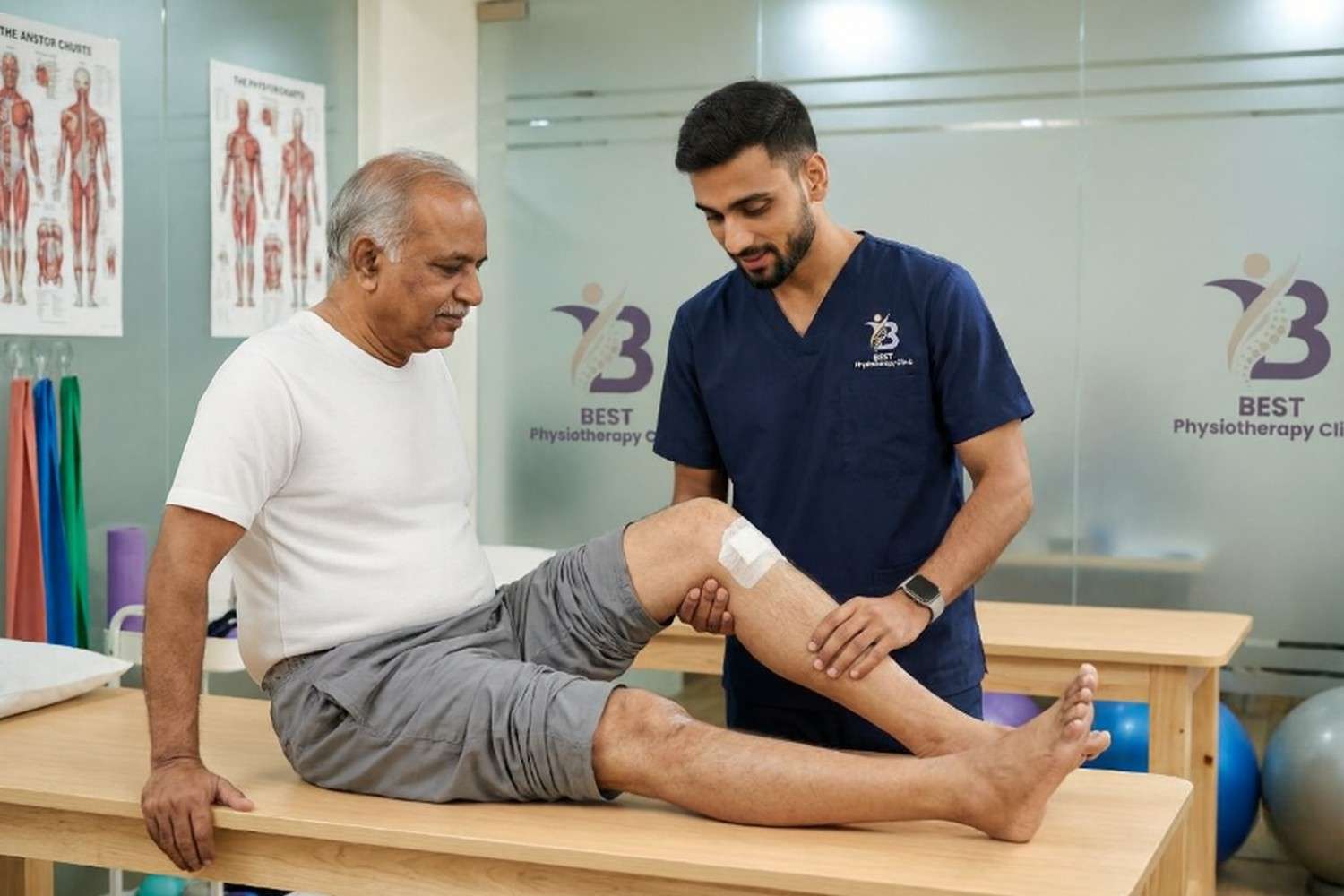 Physiotherapist Dr. Sagar performing manual therapy and scar tissue mobilisation on a patient after Total Knee Replacement (TKR)