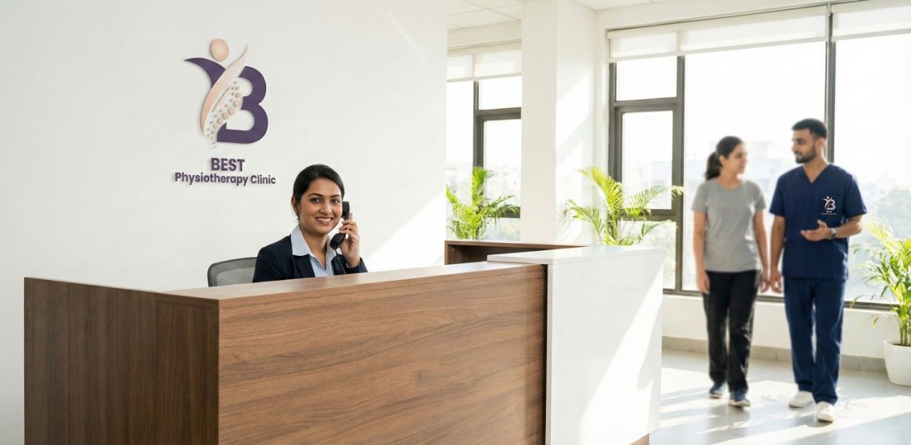 Receptionist at Best Physiotherapy Clinic Bopal, with a therapist and patient walking behind her.