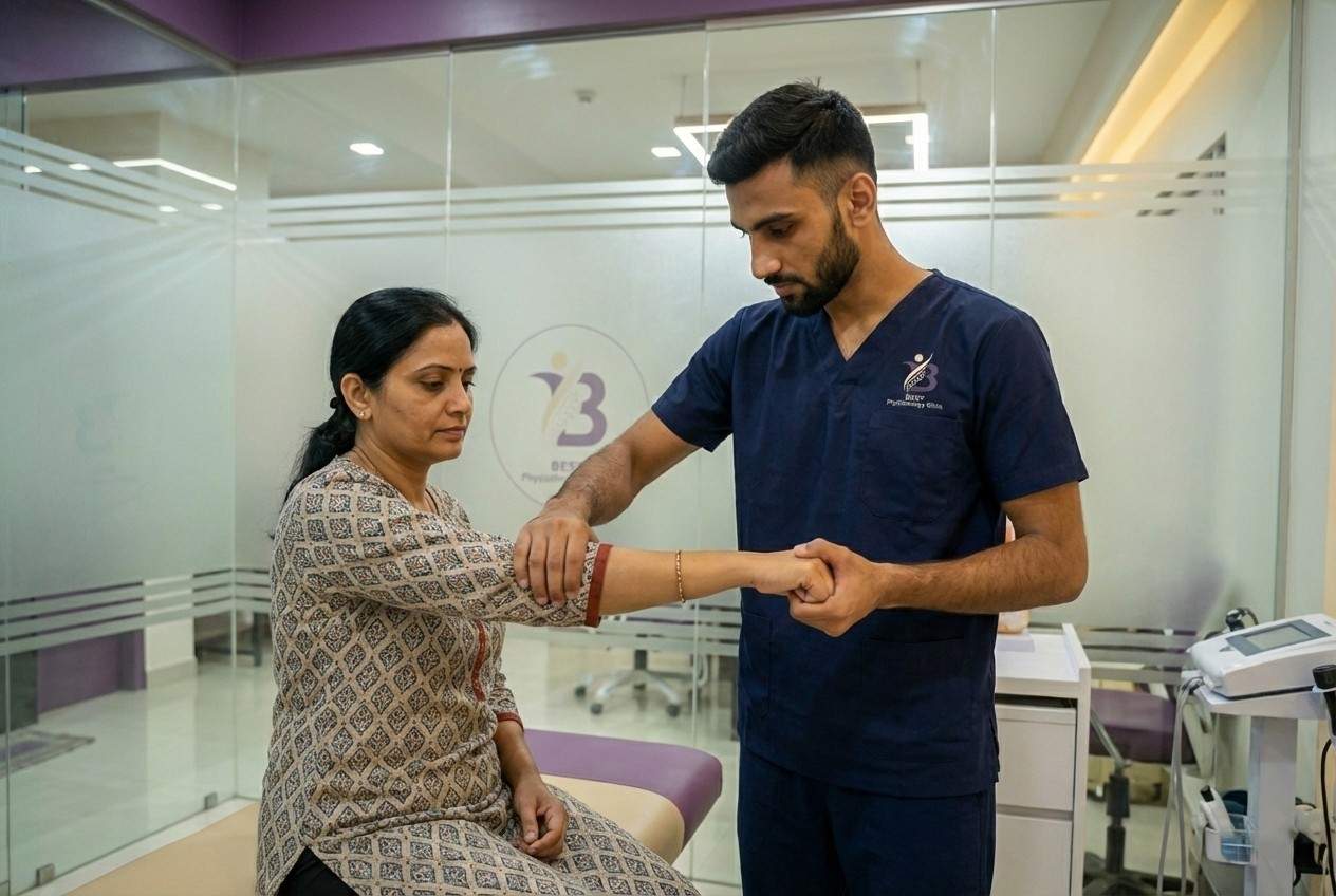 Physiotherapist performing manual elbow joint mobilisation and range of motion assessment elbow pain treatment.