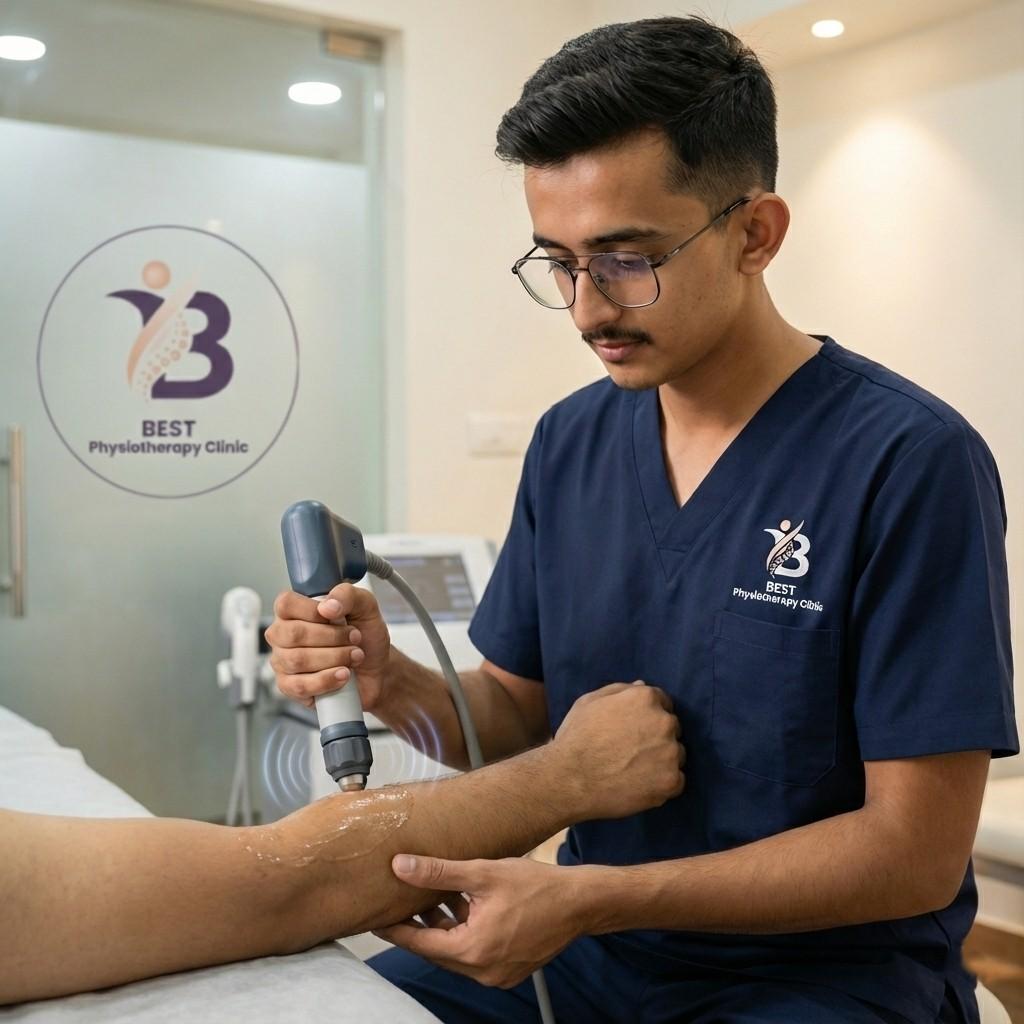 A physiotherapist applying shockwave therapy for chronic pain treatment on the forearm/elbow.