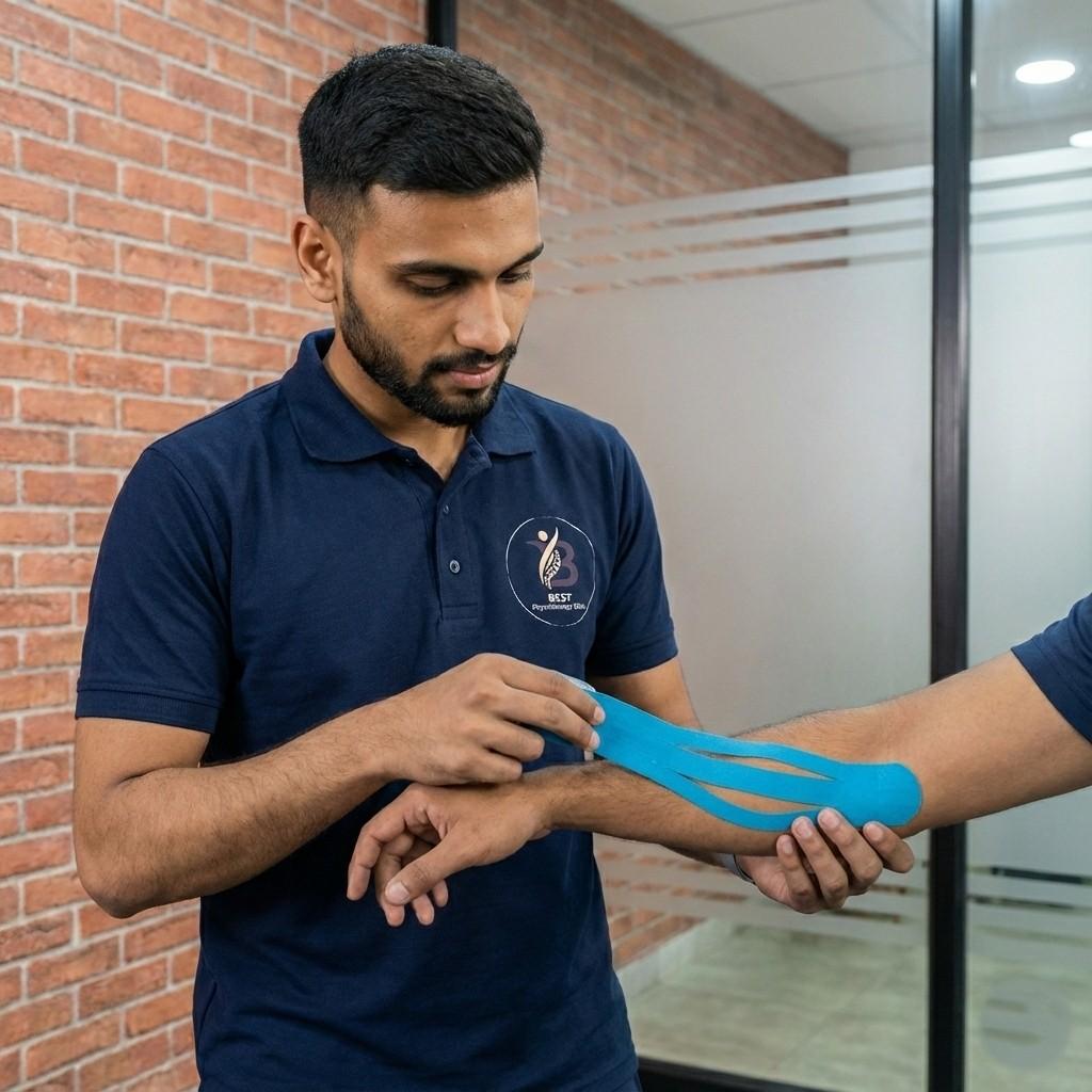 A physiotherapist applying blue Kinesio tape for support to a patient's forearm/elbow condition.