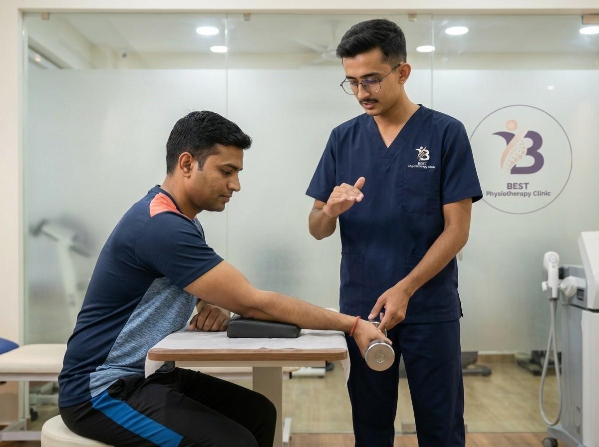 Patient performing wrist extension exercise with a dumbbell for elbow and forearm strengthening.