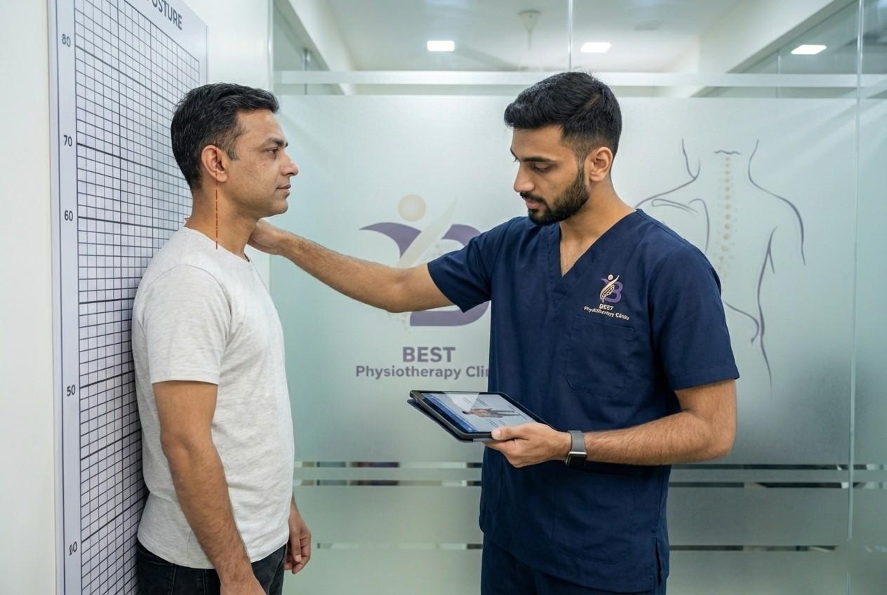 Physiotherapist performing professional posture analysis using a grid chart to assess Forward Head Posture