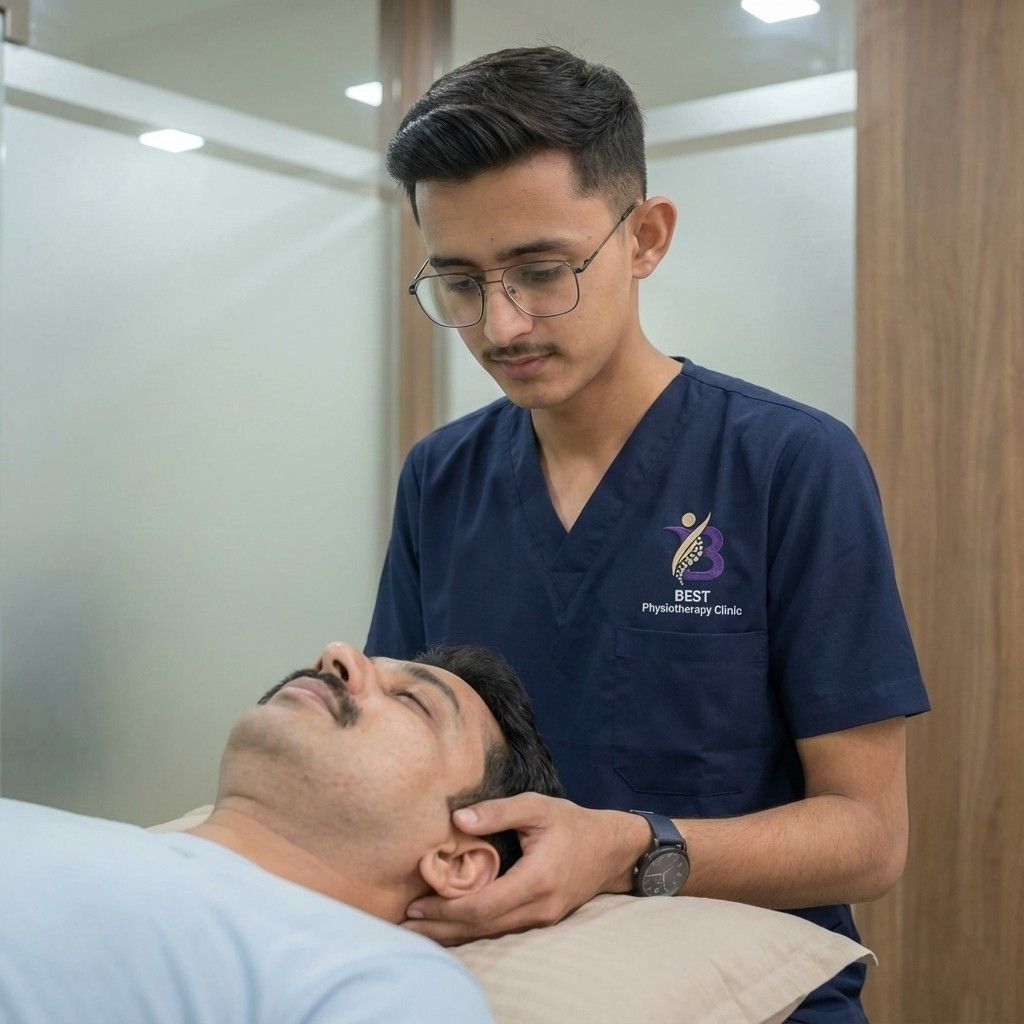 Physiotherapist performing manual mobilisation and correction techniques for Forward Head Posture relief